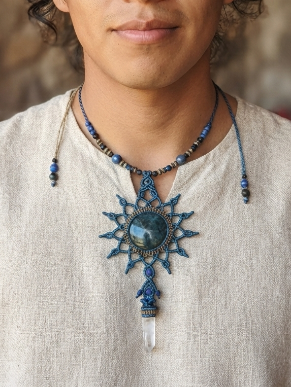 Dije de obsidiana Mikiztli con garra de piedra serpentina de jaguar - Collar de macramé - Joyería precolombina mexicana