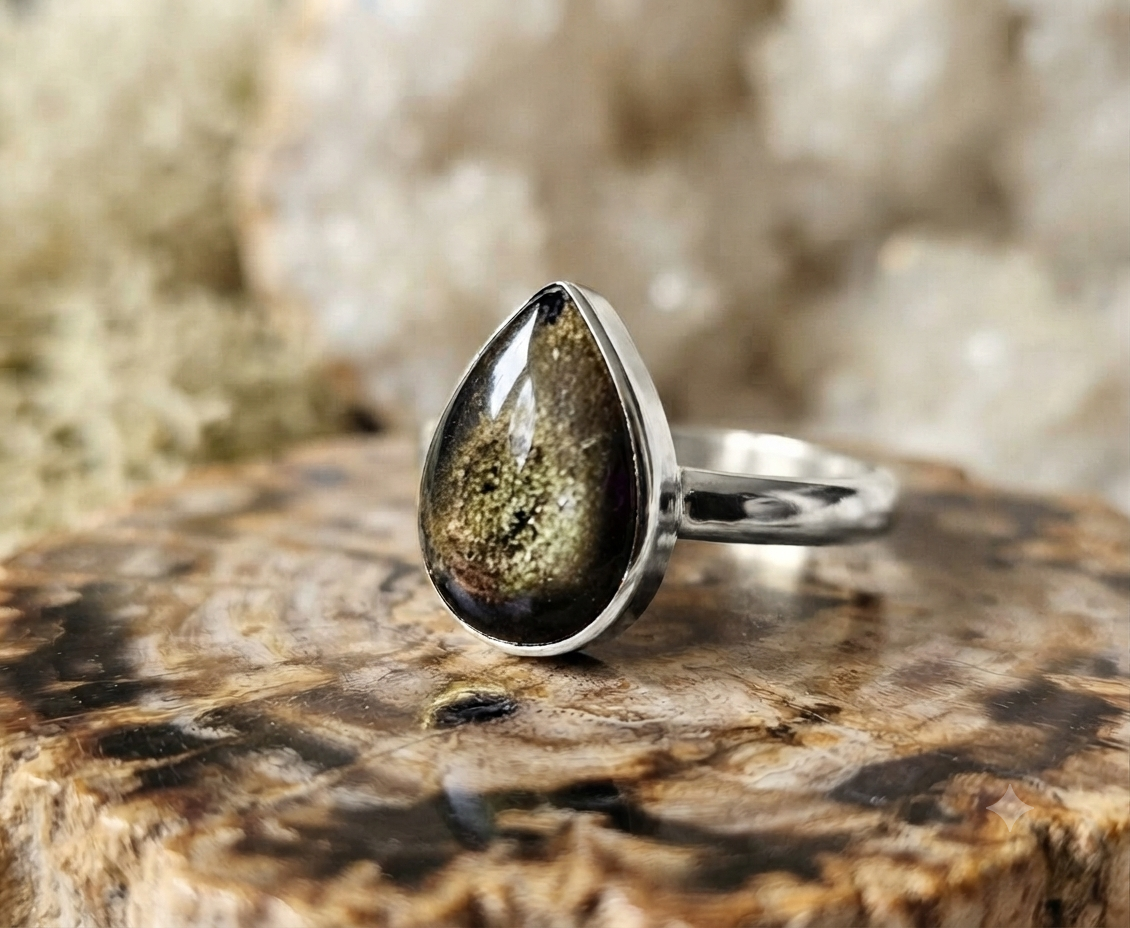 Bague goutte en obsidienne dorée – Monture en argent Alpaca réglable | Bijoux artisanaux mexicains