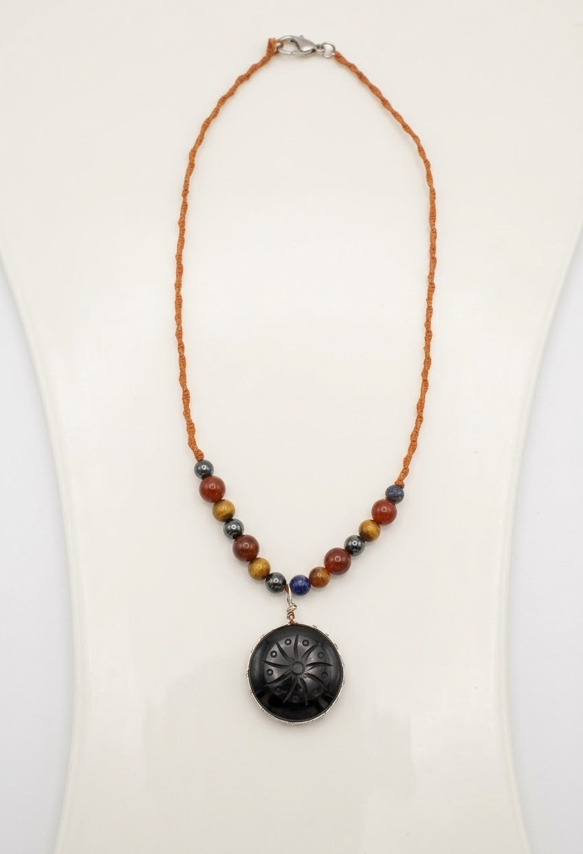 Obsidian Hikuri Pendant Necklace | Agate & Yellow Jade Beads | Peyote Spiritual Jewelry