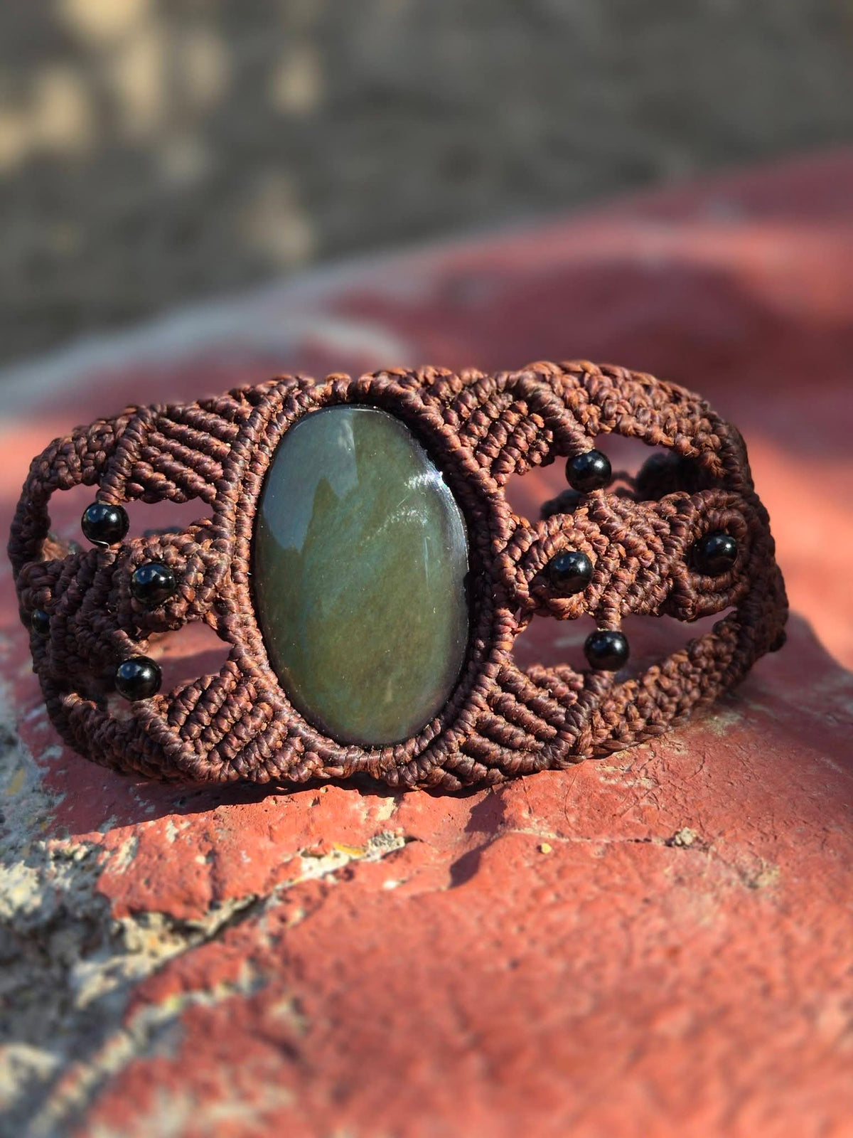 Velvet Obsidian & Agate Macramé Bracelet | Green Stone & Brown Macramé | Protection | Mexican Handcrafted Jewelry