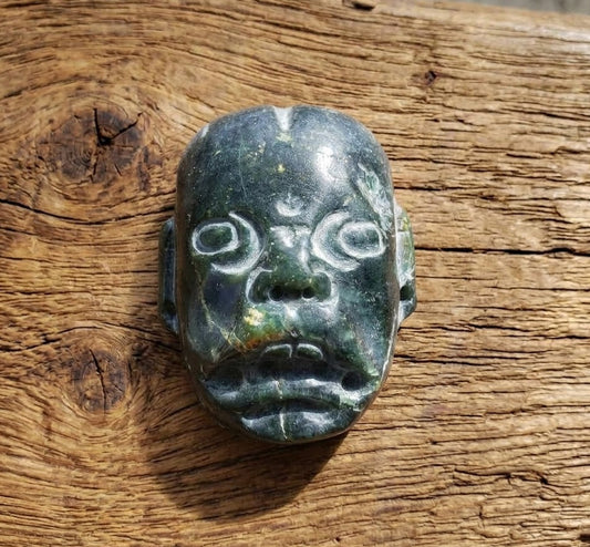 Olmec Head Jaguar Pendant | Guatemalan Jade Style Serpentine Stone | 50mm | Pre-Columbian Mexican Jewelry