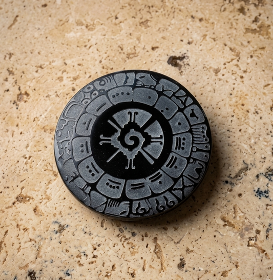 Hunab Ku Quincunx Stein, geschnitzt in schwarzem Obsidian Feuer Cristal Mexikanischer Maya -Kunst 70 mm