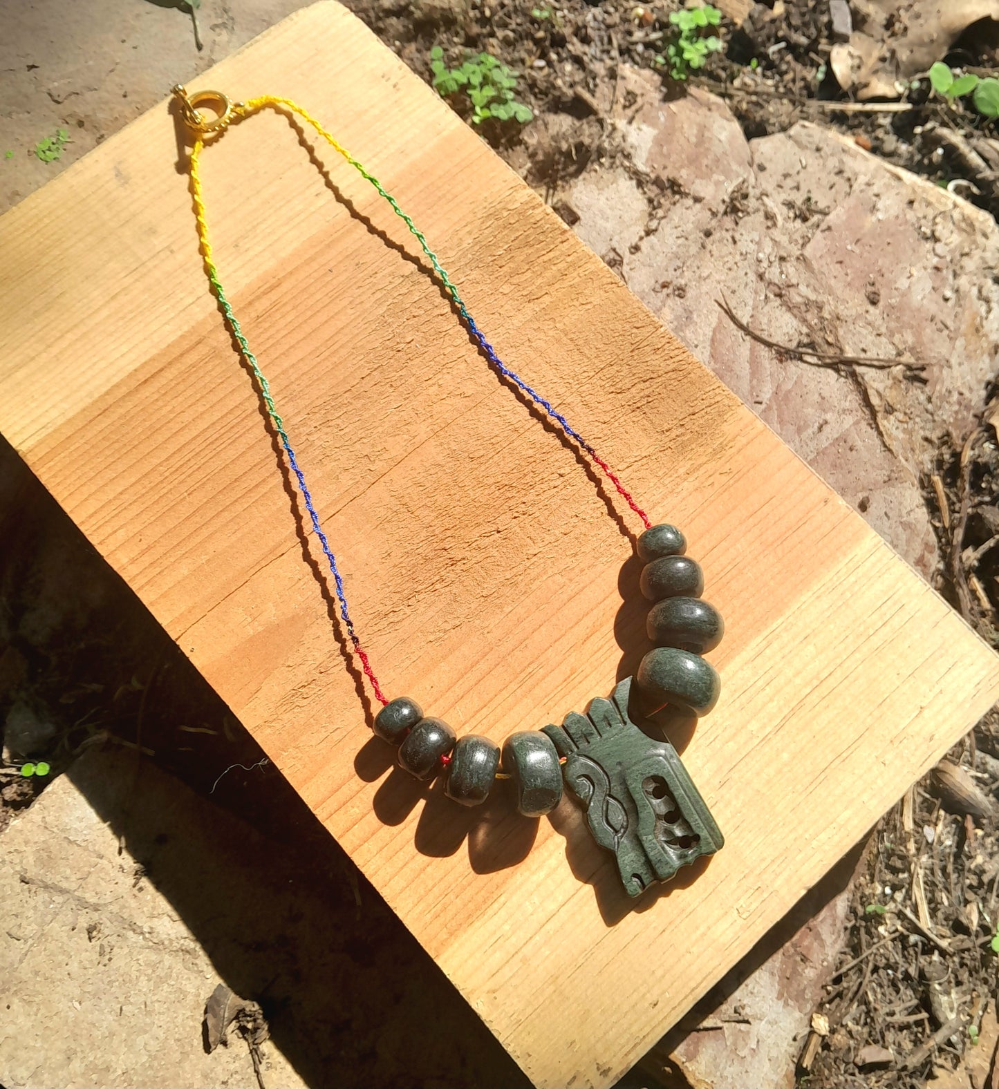 Quetzalcóatl, Kukulkan, feathered snake  pendant necklace like ancient Guatemalan jade style, serpentine stone and green macramé necklace, Mexican Aztec Mayan jewelry precolombian style