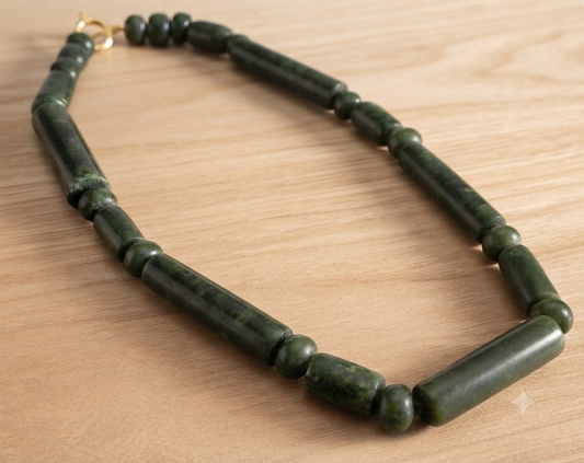 Dark Green Serpentine Necklace | Guatemalan Jade Style | Long Tube Beads | Mayan Pre-Columbian Jewelry