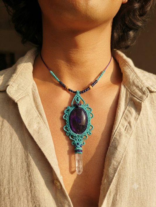 Turquoise Macramé Necklace | Velvet Obsidian Pendant & Crystal Quartz | Mexican Handmade | Protection & Purification