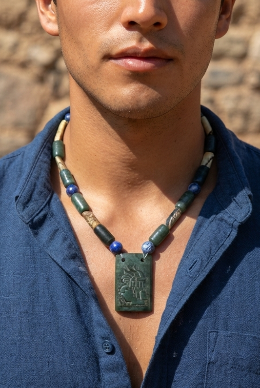 Mayan Necklace | Lapis Lazuli, Serpentine & Petrified Wood Beads | Guatemalan Jade Style | Pre-Columbian Jewelry