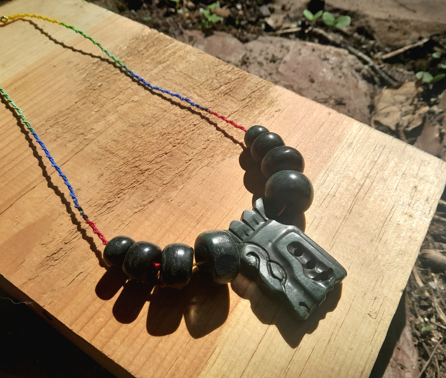 Quetzalcóatl, Kukulkan, feathered snake  pendant necklace like ancient Guatemalan jade style, serpentine stone and green macramé necklace, Mexican Aztec Mayan jewelry precolombian style