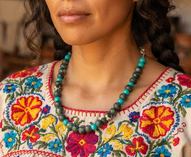 Mayan Necklace | Serpentine & Turquoise Beads | Guatemalan Jade Style | Pre-Columbian Jewelry