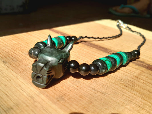 Mexican Dog Xolohcuincle Pendant necklace, Guatemalan jade style, mexican obsidian , turquoise & serpentine stone - Mayan Jewelry, Mexican precolombian Culture