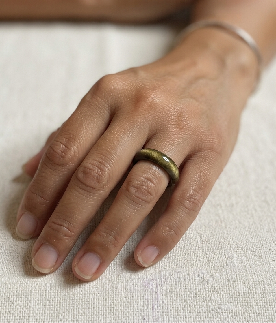Anillo de Obsidiana Dorada con metal de alpaca - ajustable - Joyería artesanal mexicana