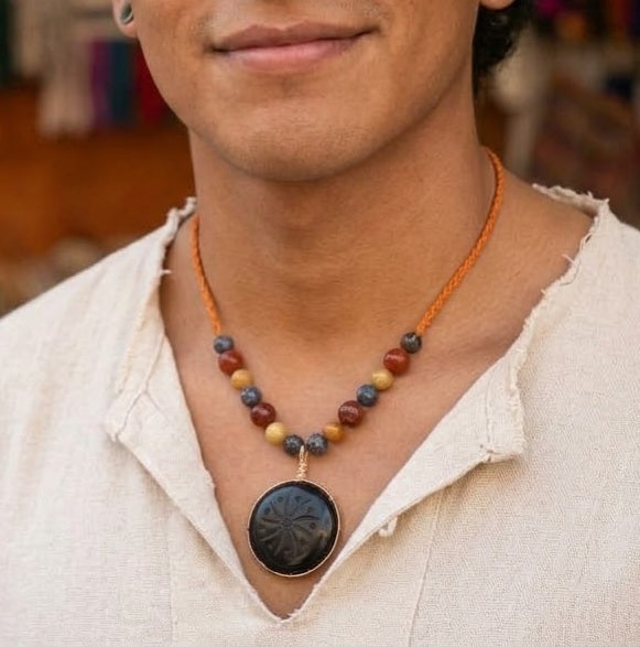Obsidian Hikuri Pendant Necklace | Agate & Yellow Jade Beads | Peyote Spiritual Jewelry