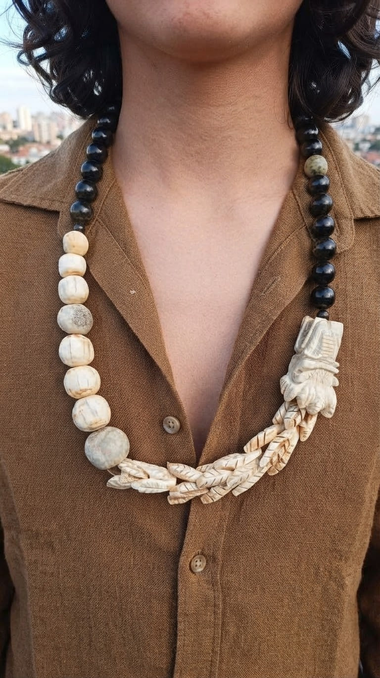 Quetzalcoatl Kukulkan Necklace | Carved Deer Antler & Gold Sheen Obsidian