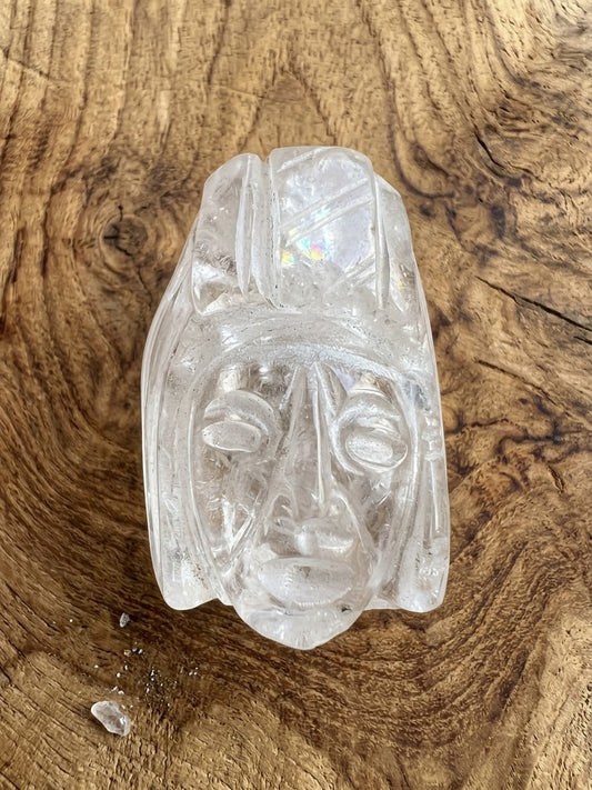 Pendentif tête de souverain maya sculpté en pierre de cristal de quartz - 50 mm - Bijoux précolombiens mexicains