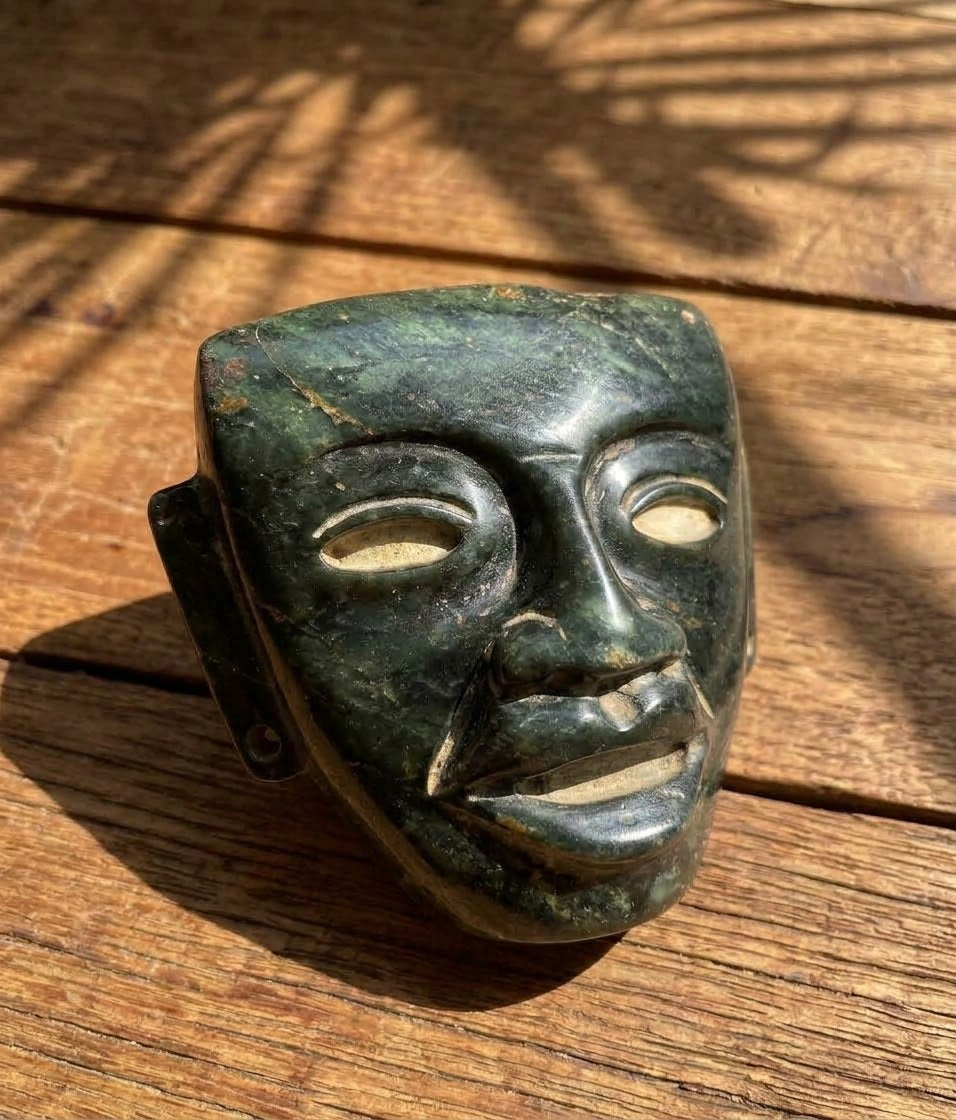 Teotihuacan Head Mask Pendant | Serpentine Stone Guatemalan Jade Style | 10x8cm | Mexican Artisan Sculpture