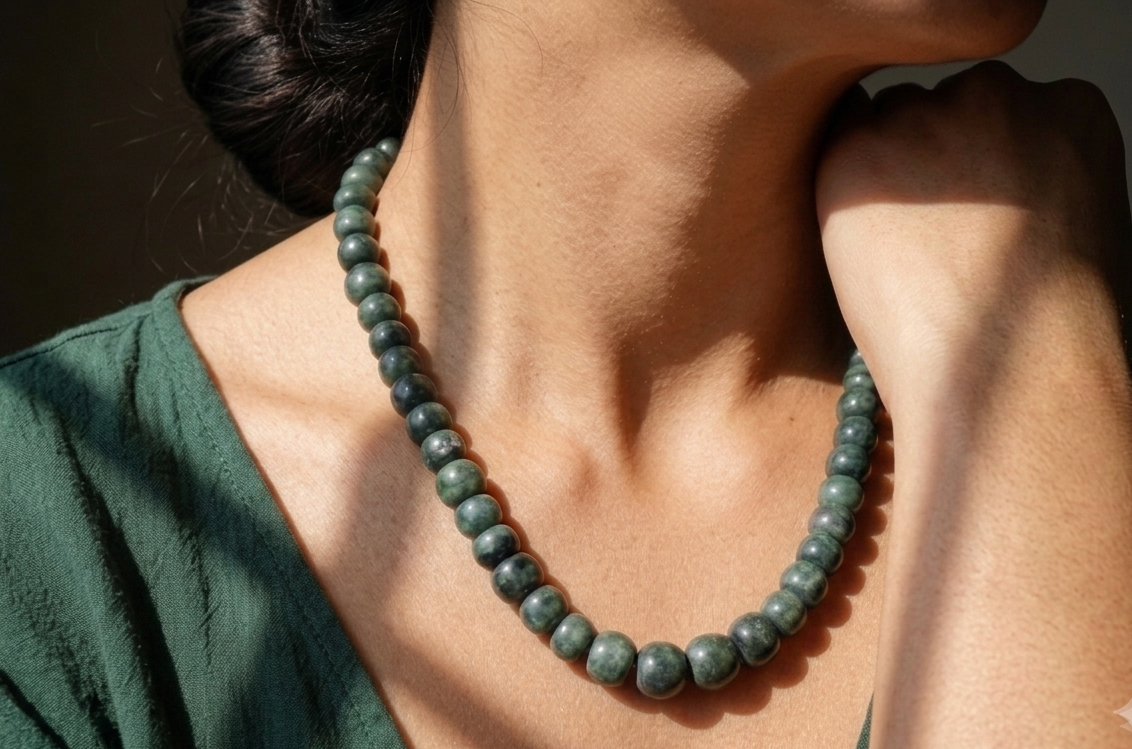Guatemalan Jade Style Serpentine Necklace | Dark Green Beads | Mayan Pre-Columbian Jewelry