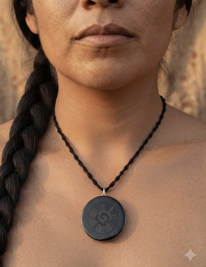 Pendentif Hunab Ku - Obsidienne noire sculptée, Bijoux Maya - Collier mexicain - Symbole sacré Intloque Nahuaque - Quinconx