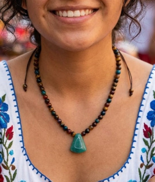 Guatemalan Jade Pendant Necklace | Tiger Eye Beads | Mayan Handcrafted Jewelry