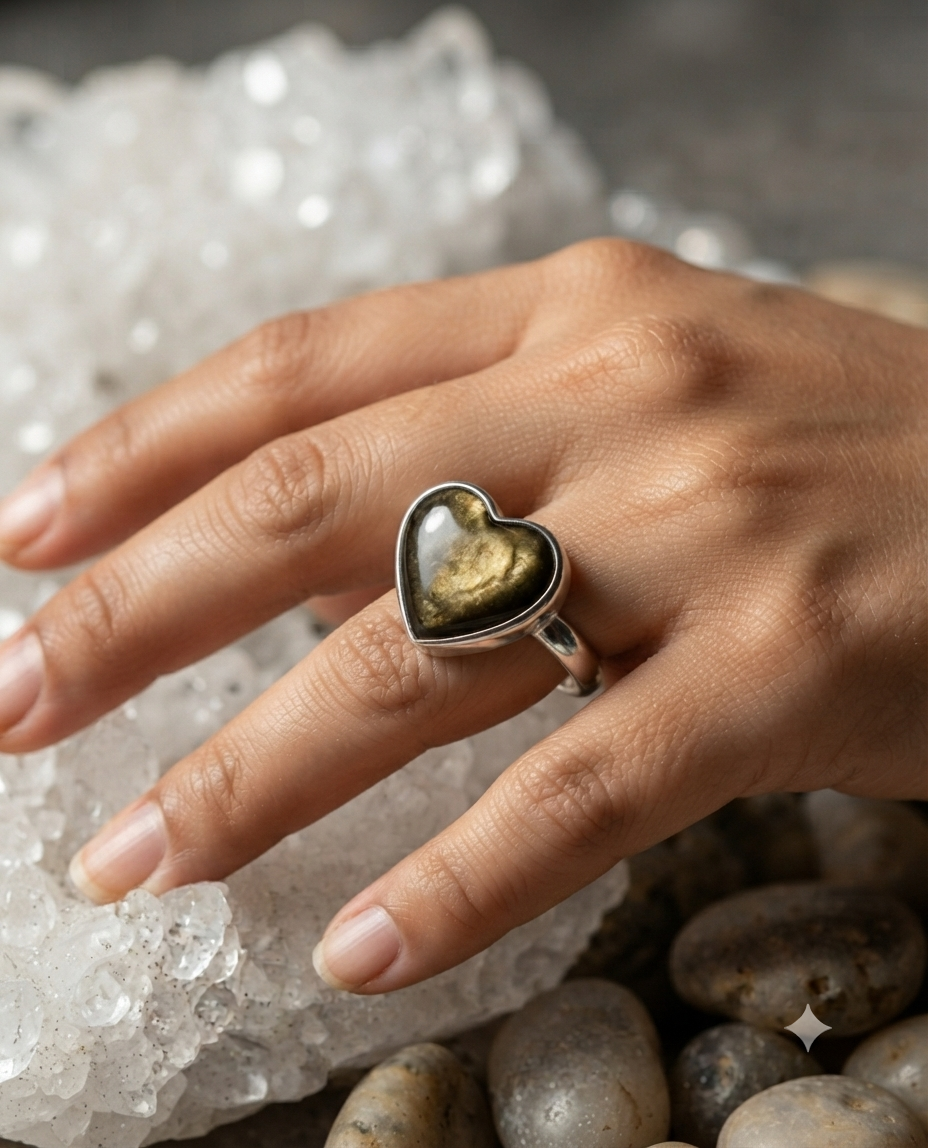 Anillo de Corazón de Obsidiana Dorada – Montura Ajustable de Plata Alemana | Joyería Artesanal Mexicana