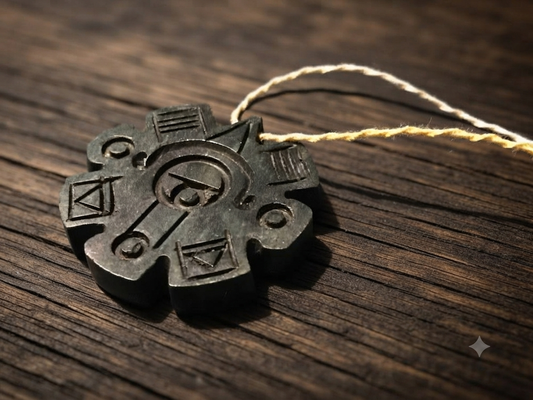 Pendentif Ollin, symbole du calendrier aztèque, style jade guatémaltèque, pierre serpentine, bijoux précolombiens mexicains