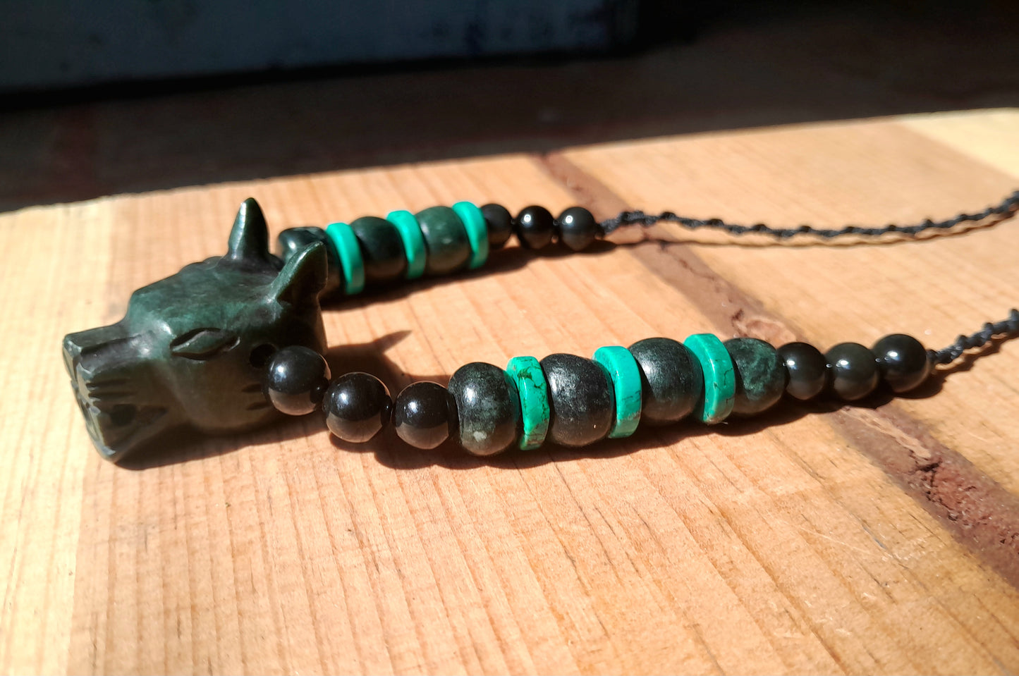 Mexican Dog Xolohcuincle Pendant necklace, Guatemalan jade style, mexican obsidian , turquoise & serpentine stone - Mayan Jewelry, Mexican precolombian Culture
