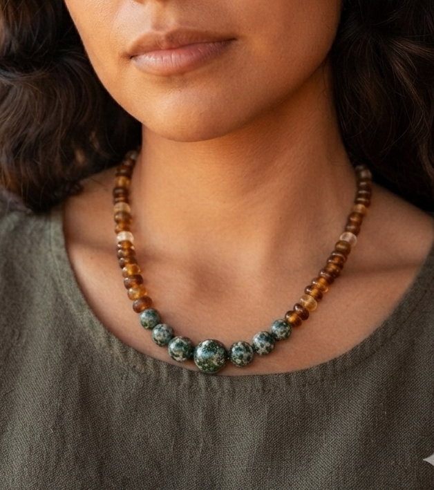 Guatemalan Jaguar Jade & Chiapas Amber Necklace | Authentic Mayan Jewelry | Pre-Columbian Style