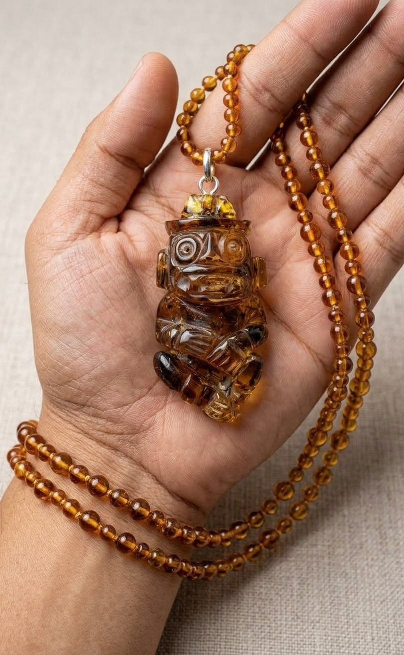 Tlaloc Amber Pendant | 65mm Hand-Carved Mexican Amber | Aztec Rain God Jewelry
