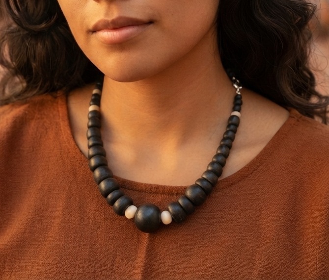 Guatemalan Jade Style Serpentine Stone Necklace | Dark Green Beads & Mother of Pearls | Crescent Beads | Mayan Jewelry