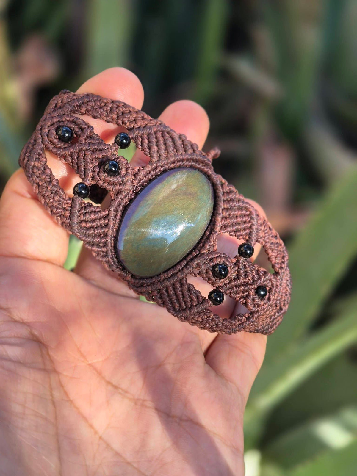Velvet Obsidian & Agate Macramé Bracelet | Green Stone & Brown Macramé | Protection | Mexican Handcrafted Jewelry