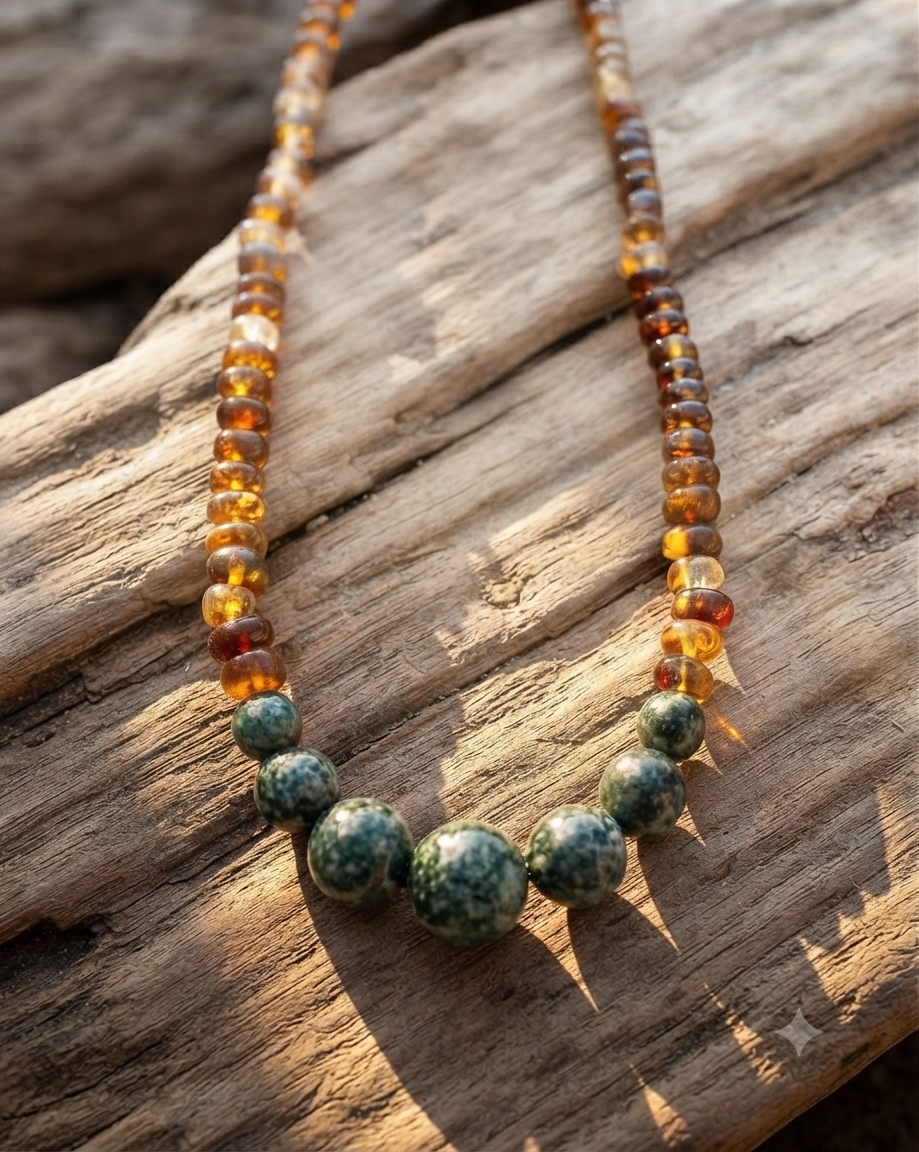 Guatemalan Jaguar Jade & Chiapas Amber Necklace | Authentic Mayan Jewelry | Pre-Columbian Style