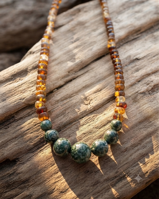 Collier en jadéite maya du Guatemala et ambre du Chiapas – Bijoux mayas authentiques | Style précolombien