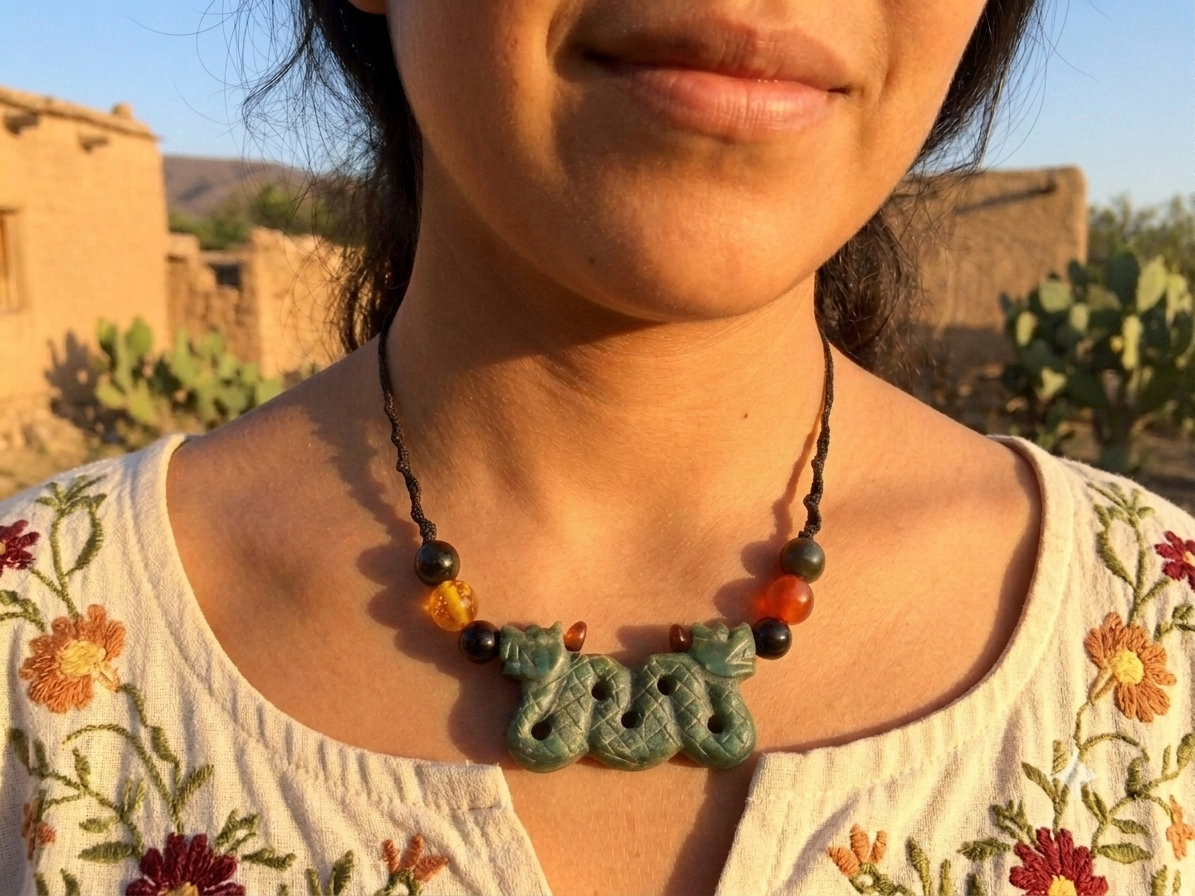 Quetzalcoatl Pendant Necklace | Guatemalan Jade Style Serpentine Stone | Amber, Agate & Obsidian Beads | Mayan Aztec Jewelry
