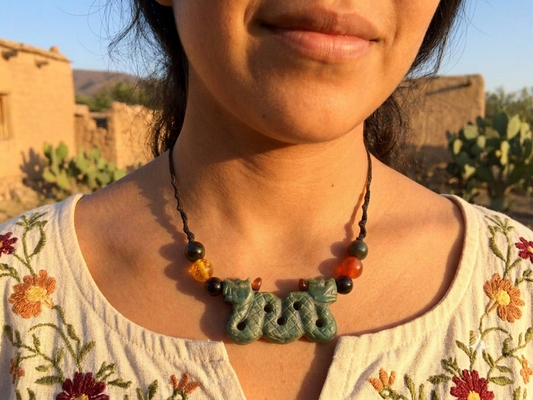 Quetzalcoatl Pendant Necklace | Guatemalan Jade Style Serpentine Stone | Amber, Agate & Obsidian Beads | Mayan Aztec Jewelry