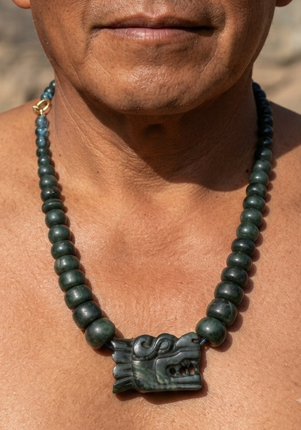 Quetzalcoatl Crescent Pendant Necklace | Kukulkan Feathered Serpent | Guatemalan Jade Style Serpentine | Mayan Jewelry