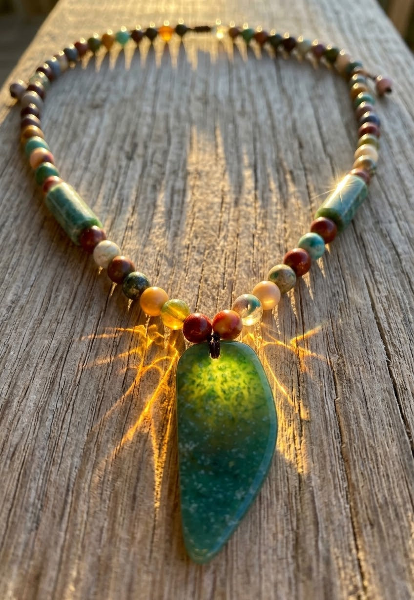 Collier pendentif en jade guatémaltèque | Perles d'agate et tubes de jade | Bijoux artisanaux mayas