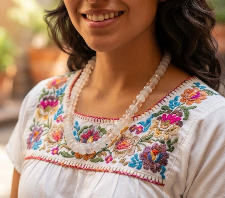 Crystal Quartz Crescent Beads Necklace | Mayan Pre-Columbian Style | Artisan Jewelry