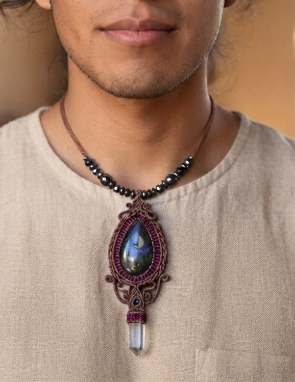 Pendentif en obsidienne Mikiztli avec griffe en pierre serpentine de jaguar - Collier Art Macramé - Bijoux précolombiens mexicains