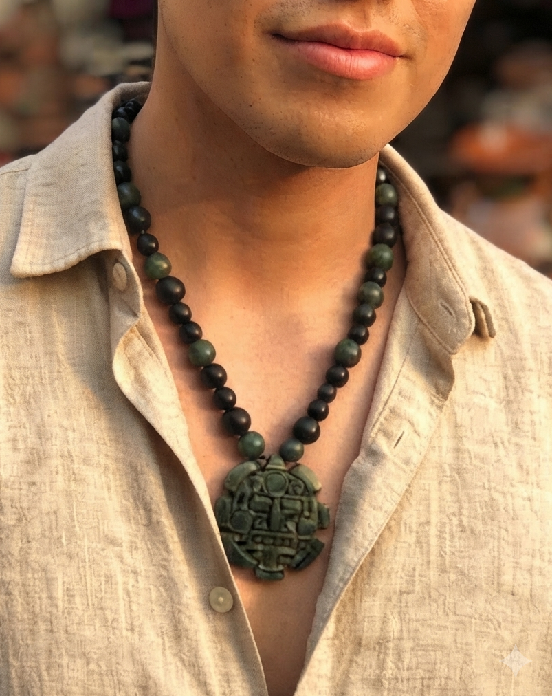 Tonatiuh Pendant Necklace | Aztec Sun Deity | Rainbow Obsidian & Guatemalan Jade Style Serpentine Stone | Mexican Jewelry