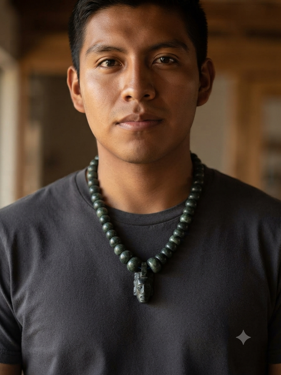 Pakal Pendant Necklace | Serpentine Beads | Mayan Pre-Columbian Style | Guatemalan Jade Inspired