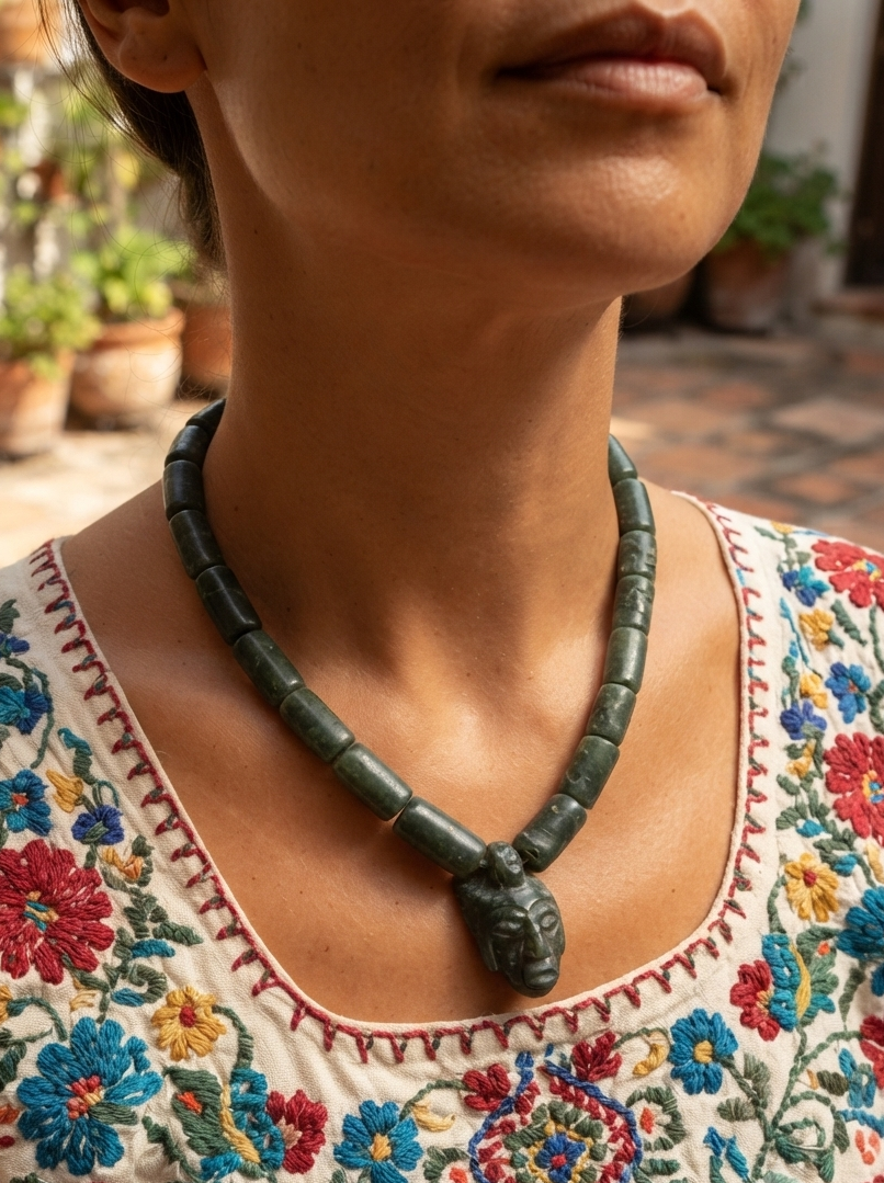 Pakal Pendant Choker Necklace | Serpentine Beads | Mayan Pre-Columbian | Custom Length