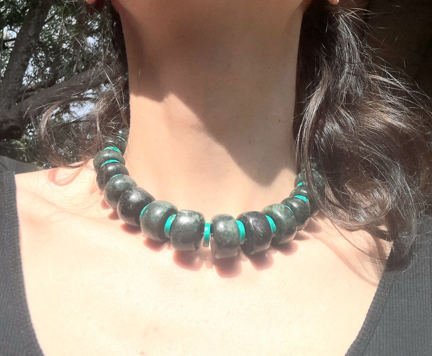 Dark Green Guatemalan Jade style Necklace - Serpentine beads & turquoise disks- Mayan Jewelry with Crescent Beads, Handmade Gemstone Necklace
