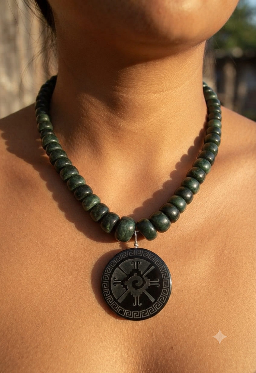 Collar con colgante de obsidiana Hunab Ku: cuentas de jade maya, joyería maya mexicana