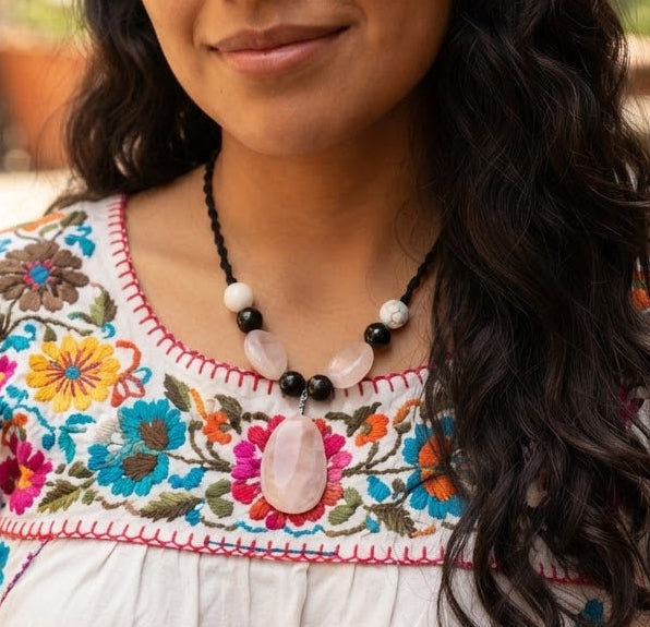 Rose Quartz Crystal Necklace | Macramé & Obsidian Beads | Handcrafted Boho Jewelry