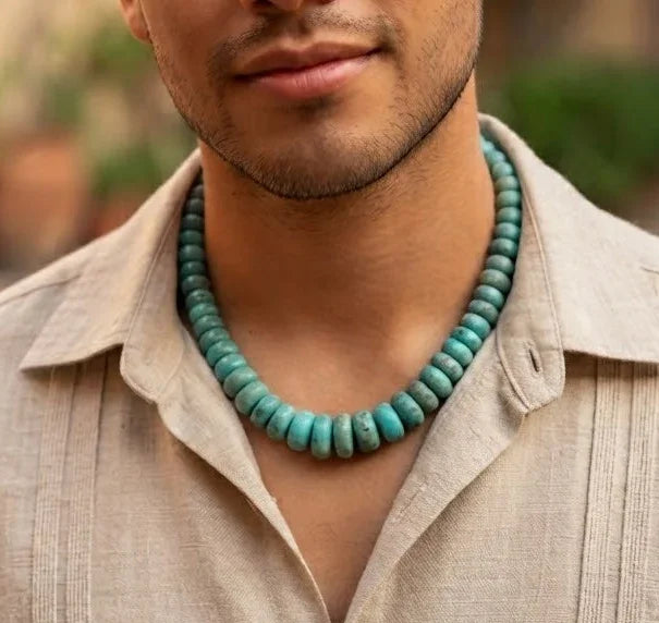 Chrysocolla Crescent Beads Necklace | Mayan Pre-Columbian Style | Artisan Jewelry