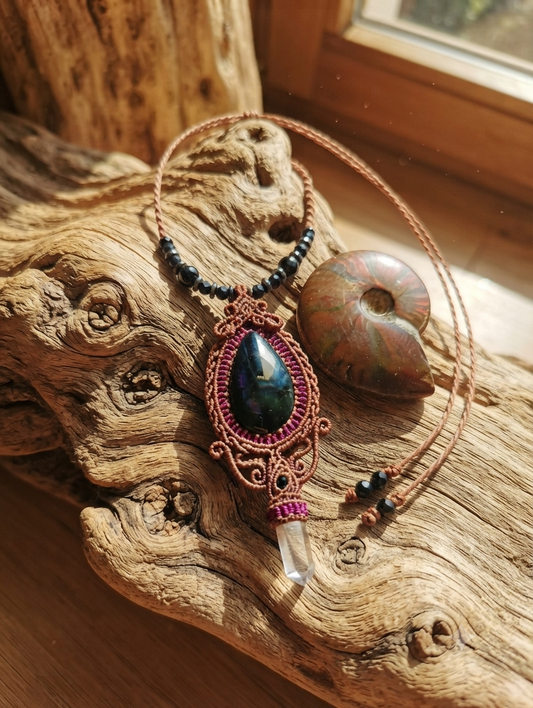 Red Macramé Necklace | Velvet Obsidian Pendant & Crystal Quartz | Mexican Handmade | Protection & Purification