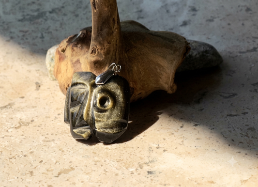 Dead Life Mask Pendant | Golden Obsidian | Teotihuacan | Mexican Pre-Columbian Jewelry