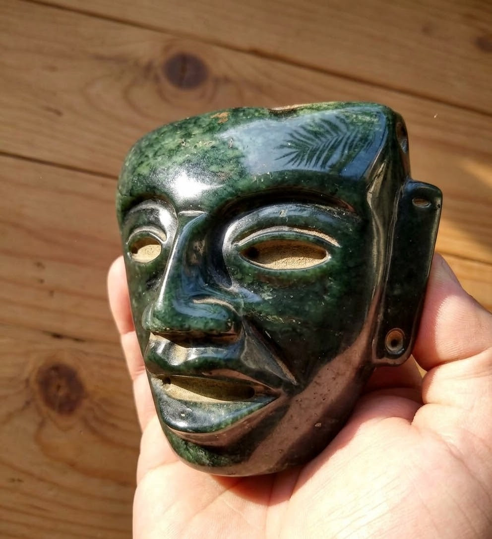 Teotihuacan Head Mask Pendant | Serpentine Stone Guatemalan Jade Style | 10x8cm | Mexican Artisan Sculpture
