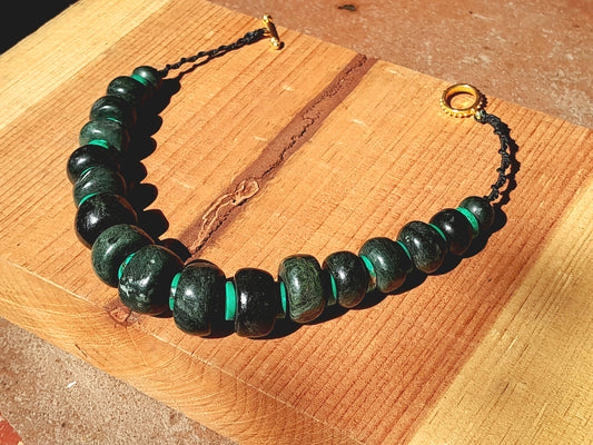 Guatemalan Jade Style Princess Necklace | Crescent Serpentine Beads & Turquoise Disks | Mayan Handmade Jewelry