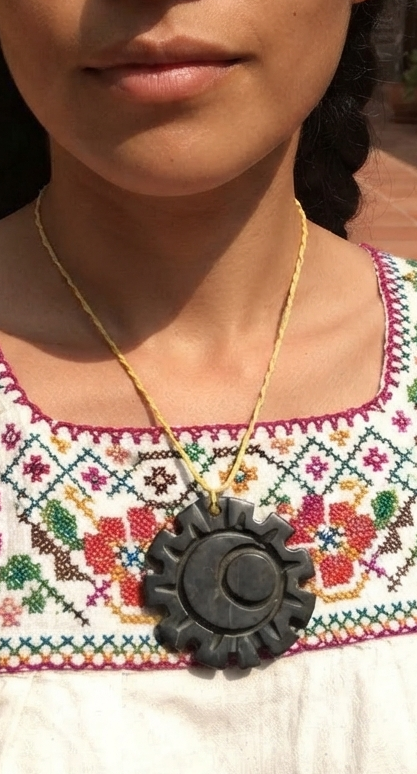 Collier pendentif symbole lune soleil en pierre serpentine style jade guatémaltèque et nacre - Bijoux mexicains