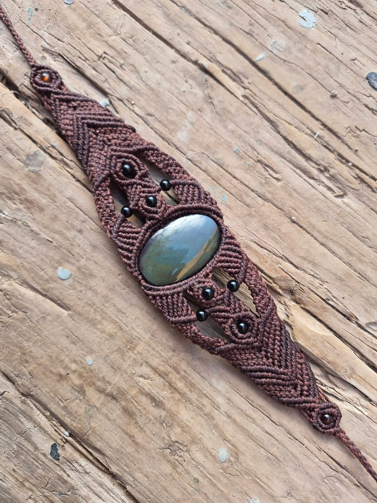 Velvet Obsidian & Agate Macramé Bracelet | Green Stone & Brown Macramé | Protection | Mexican Handcrafted Jewelry