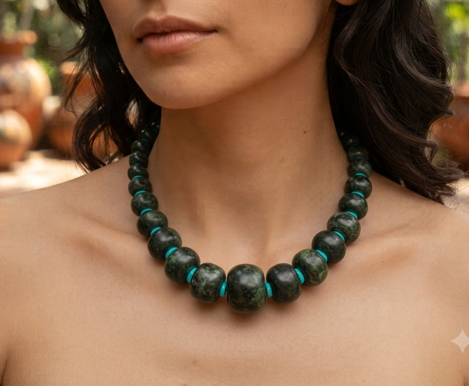 Guatemalan Jade Style Princess Necklace | Crescent Serpentine Beads & Turquoise Disks | Mayan Handmade Jewelry